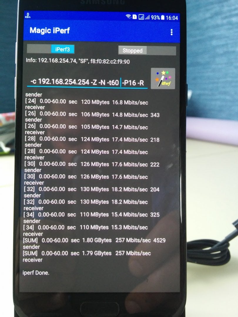 Galaxy A5 2017, 80MHz, Max Rate 433Mbit - iperf